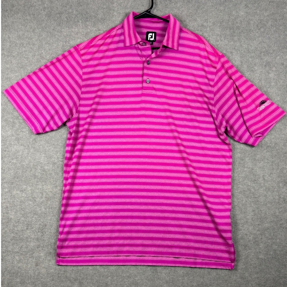 FootJoy Performance‎ Striped Golf Polo Shirt Large Pink Twin Hills Logo Mens